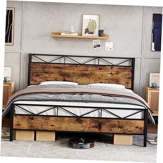 Industrial Full Size Bed Frame with Wooden Headboard - Sturdy Metal Platform Bed