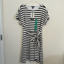 Chaps Striped Midi Dress Stretchy Summer Faux Wrap Knee Length