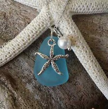 Made in Hawaii, Blue sea glass necklace, Starfish charm, Fresh water pearl,
