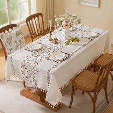 Laolitou Table Cloth Rectangle, Embroidery Heavy Duty Cotton Linen Tablecloth, F