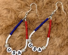 USA Patriotic Beaded Teardrop Earrings Red White Blue 4th of July Handmade