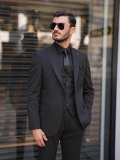 Mens 3 Piece Premium Slim Fit Suit Italian Style Punto Stitching black