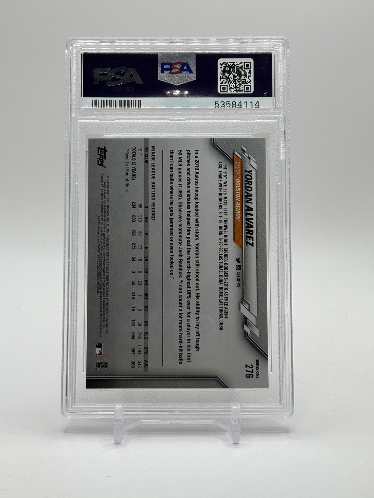 Yordan Alvarez 2020 Topps RC #276 - PSA 10 GEM MINT - Houston Astros view 2