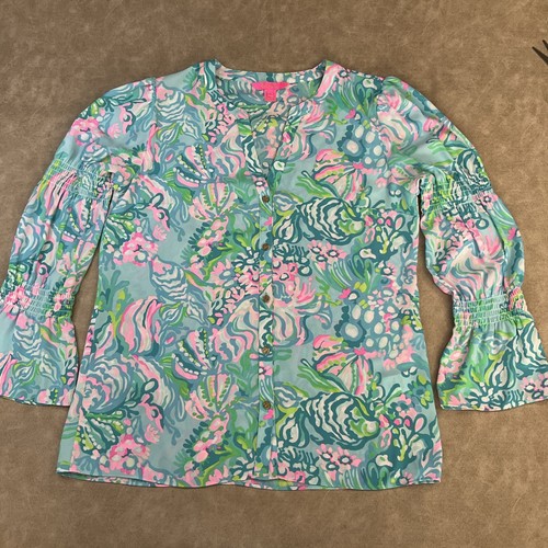 Lilly Pulitzer Top Blouse Maritza Button Front Long Sleeve Floral Women Sz M - Picture 5 of 6