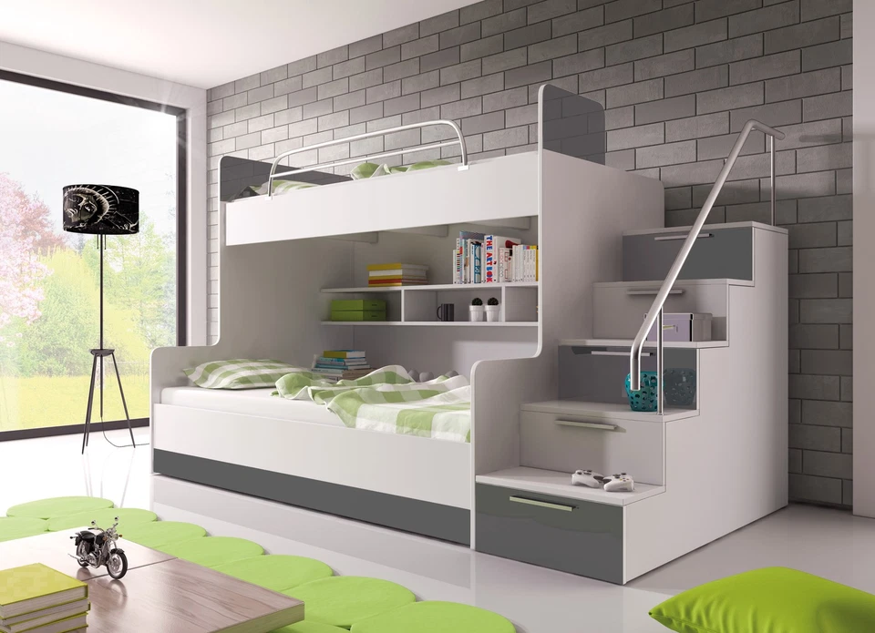 Doppelstockbett Etagenbett Hochglanz Hochbett 90x200 Kinderbett NEU FARBE GRAU - Bild 1 von 1