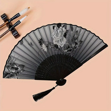 Lovely Black  patterned  Silk Folding Hand Fan Bamboo Chinese / Japanese Dance a
