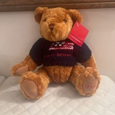 FAO Schwarz 12" Brown Jointed Teddy Bear With Blue Flag Sweater