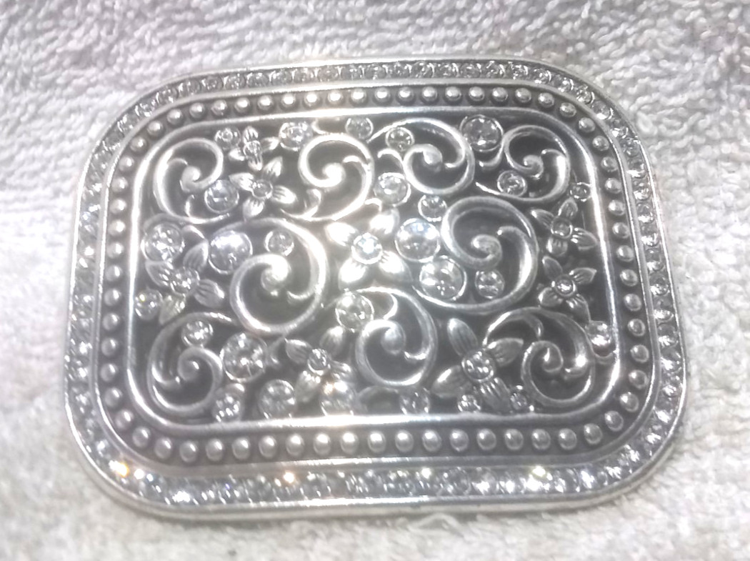 Silver Rectangle Rhinestone Filled Flower Filigre… - image 1
