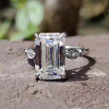 Moissanite 10x8mm Emerald Three Stone Engagement Ring Solid 10K White Gold