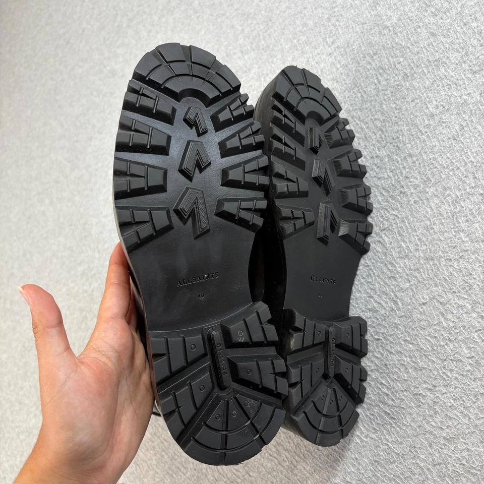 AllSaints 靴子 Onyx 女式 10 黑色皮革战斗系带扣厚底 Y2K — 第 3/4 张图片