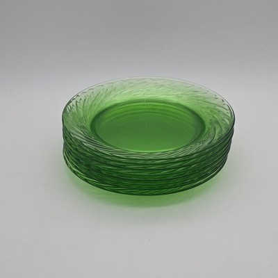 8 Pyrex Festiva 7.5  Salad Plates Spring Grass Green Swirl Glass Vintage