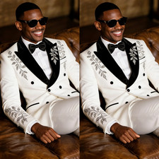 White Men's Suit for Prom Banquet Formal Jacket Pants Rhinestone Wedding 2Pcs