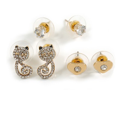 3 Pair Set of Kitty/Heart/5mm Round Crystal Stud Earrings in Gold Tone