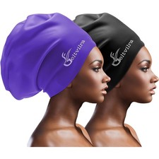 Extra Large Swim Cap for Braids and Dreadlocks Women One Size, Black, Purple