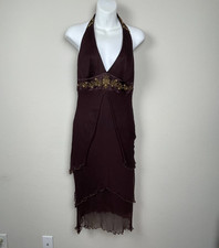 Laundry by Shelli Segal Silk Dress Sz 6 Brown Halter Beaded Y2K Forest Fairy