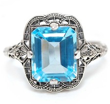 3CT Natural Aquamarine 925 Solid Sterling Silver Filigree Ring Sz 8 FB9-7