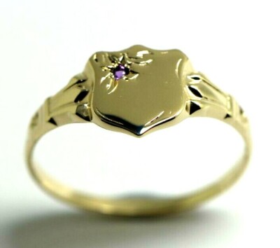 Genuine Size N 9ct Small Yellow Gold Amethyst Shield Signet Ring