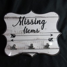 Faux Wood Sign MISSING ITEMS 8" X 10" w/Clips Attached Plaque White Laundry Room