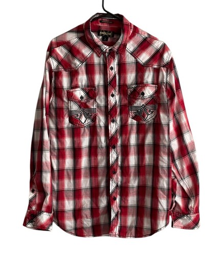 Helix Men's Button Down Long Sleeve Athletic Fit Shirt Plaid Red Large Western