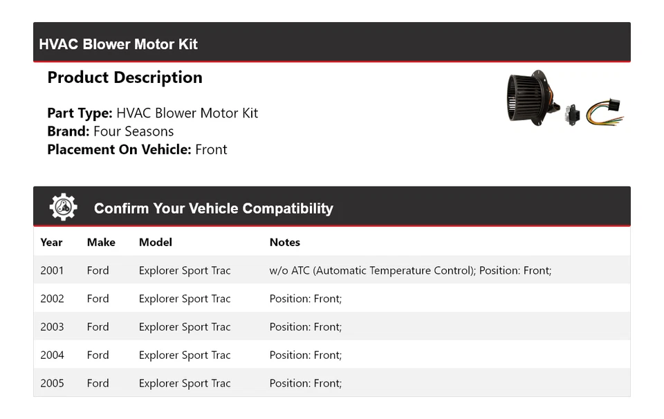 Kit de motor soprador dianteiro 4 estações Ford Explorer Sport Trac HVAC para 2001-2005 - Imagem 2 de 3