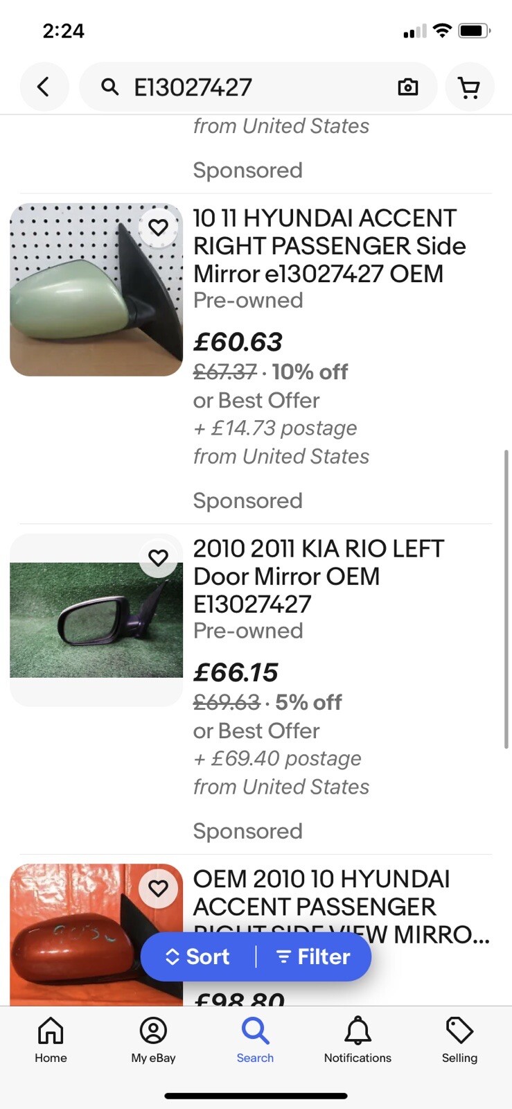 KIA RIO &HYHUNDI ACCENT 10-17 LEFT SIDE Mirror E13027427￼ (2153 
