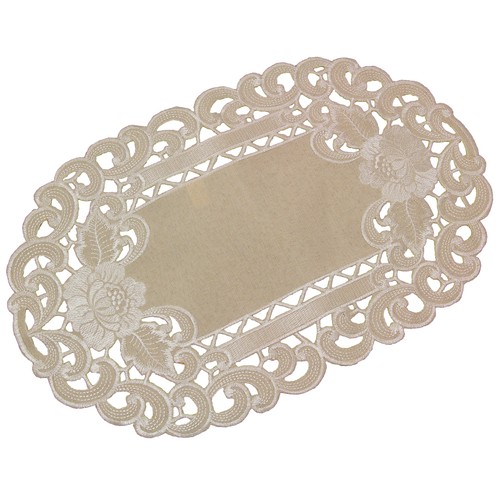 White Flower Open Embroidery Tablecloth Table runner Doily Linen-Look Beige - Picture 6 of 14