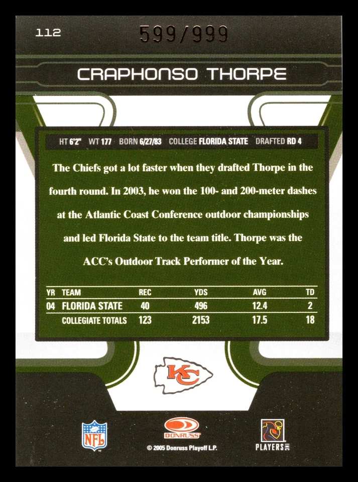2005 Donruss Zenith /999 Craphonso Thorpe #112 Rookie RC - Image 2 of 2