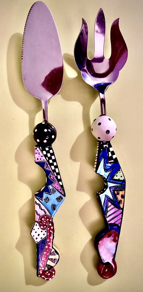 1980s Memphis Style Ceramic Studio Art Geometric Design Handle Serving Utensils - Image 3 of 4