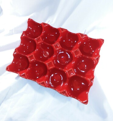 Food Network Ceramic Egg Tray 12 Cup Egg Holder Container Refrigerator Red