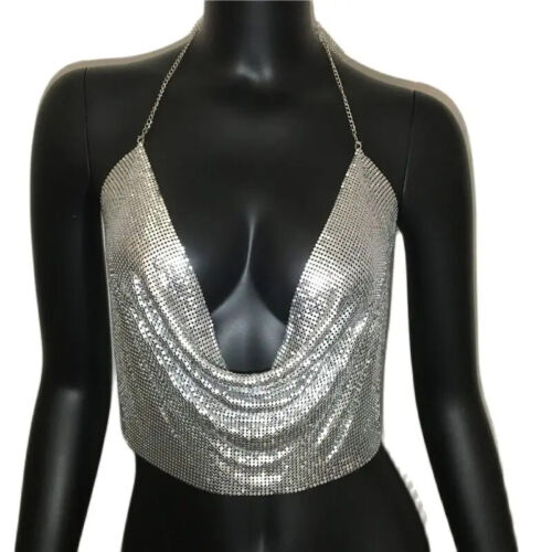 Metal Sequined Halter Women Sexy V Neck Backless Chain Plunge Tank Vest Crop Top - Picture 5 of 14