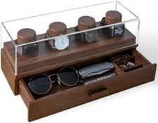 Holm & Hadfield 4 Watch Display Case Organizer Box w/ Drawer - Walnut NEW