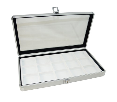Aluminium Glass Lid Case Display With Choice Of White Flocked Compartment Insert - Picture 20 of 46