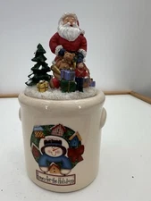 Vintage Homes For The Holidays Crock Candle ~ Santa/Tree/Presents Topper