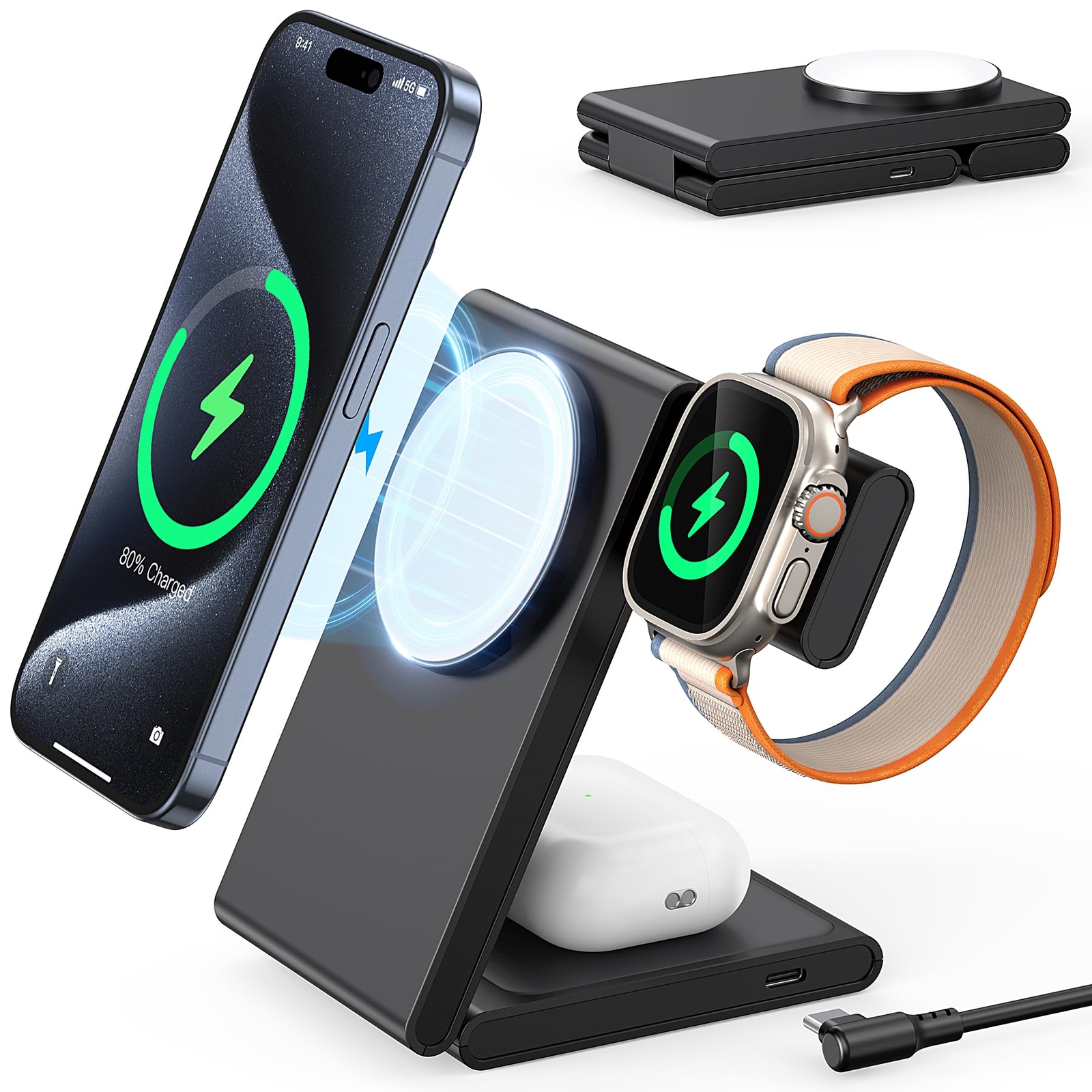 3-in-1 Fast Wireless Charging Station for Phones, Watch, and Earbuds - Foldable Travel Design
