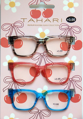 TAHARI 3-PACK PREMIUM READING GLASSES READERS +3.00 MULTI-COLOR NEW AUTHENTIC