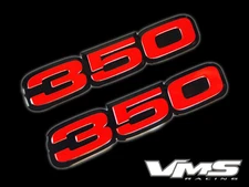 VMS 2 CHEVY 350 CI CUBIC INCH ENGINE BLOCK ALUMINUM EMBLEMS RED BLACK PAIR SBC 