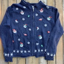 Christmas Snowman Snow Flakes Zip Up Sweater Womens Size PM Croft  Barrow