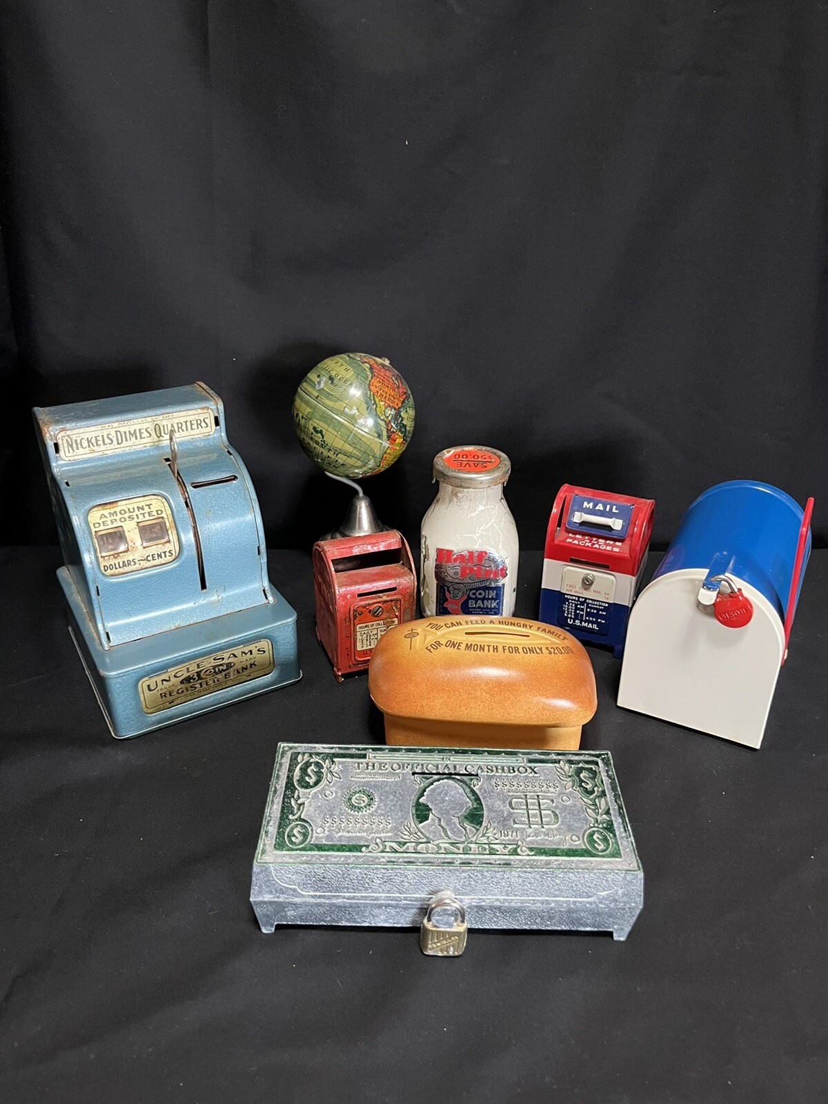 Lot Of Antique Coin Banks, Globe, Cash Register, Mailboxes Vintage
