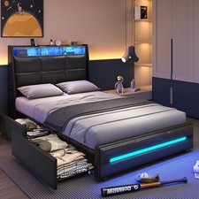 Twin Size Bed Frame with 4 Storage Drawers  Headboard LED Upholstered Bed Black