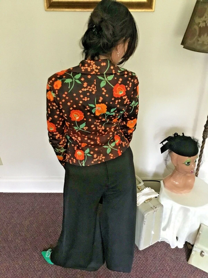 Conjunto Chaqueta Mono Palazzo Psicodélico Floral Hippie Naranja Negro Años 70 Vintage Foto 4 de 4
