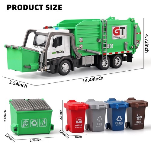New Gift Garbage Truck Toys Metal Diecast Friction Powered with Light and Sounds - Picture 7 of 14