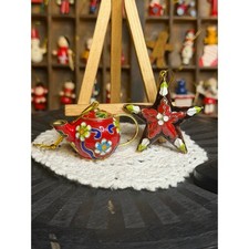 Vintage Cloisonne Enamel Christmas Ornament Set Red Teapot Floral  Star Flower