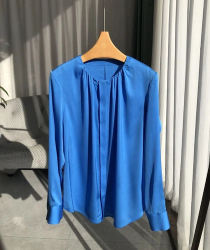 Damen Langarm 100% echte Seide Knopf Rundhals Shirt Bluse Büro Damen OL - Bild 35 von 38