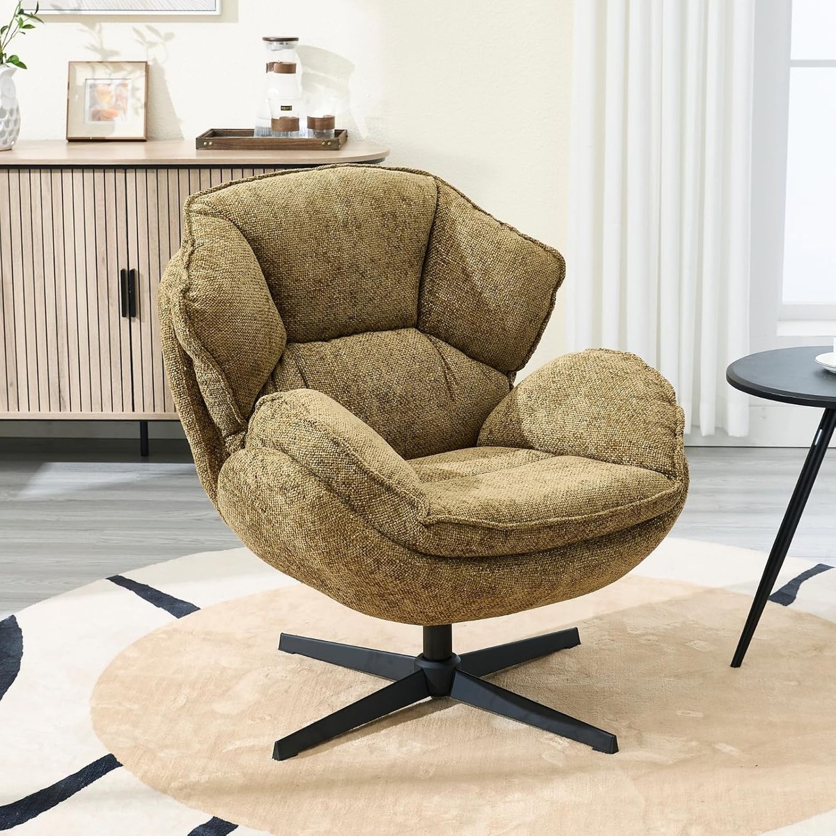 Swivel Lounge Chair Yellow Chenille Armchair 360° Comfy Reading