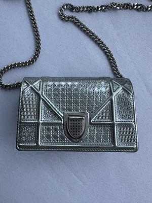 Dior Diorama Silver Metallic Shoulder Bag Chain Strap Geometric Silver Hardware