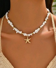 Boho Starfish Shell Choker Necklace – Beach Summer Jewelry for Women–White Beads