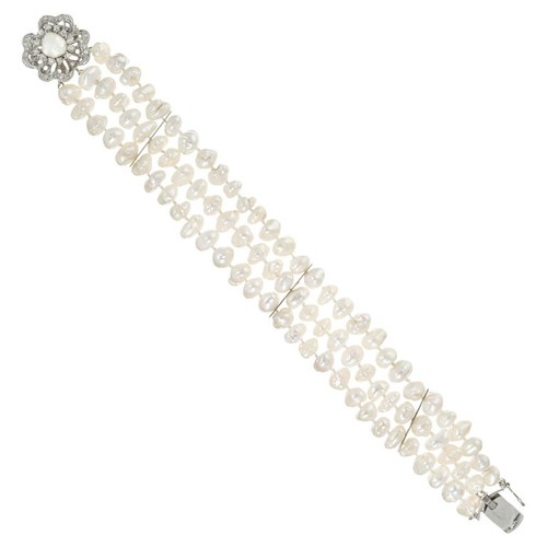 Vintage 1960 3 Strand Baroque Cultured Pearl Bracelet White Gold Pearl Diamond - Picture 1 of 6