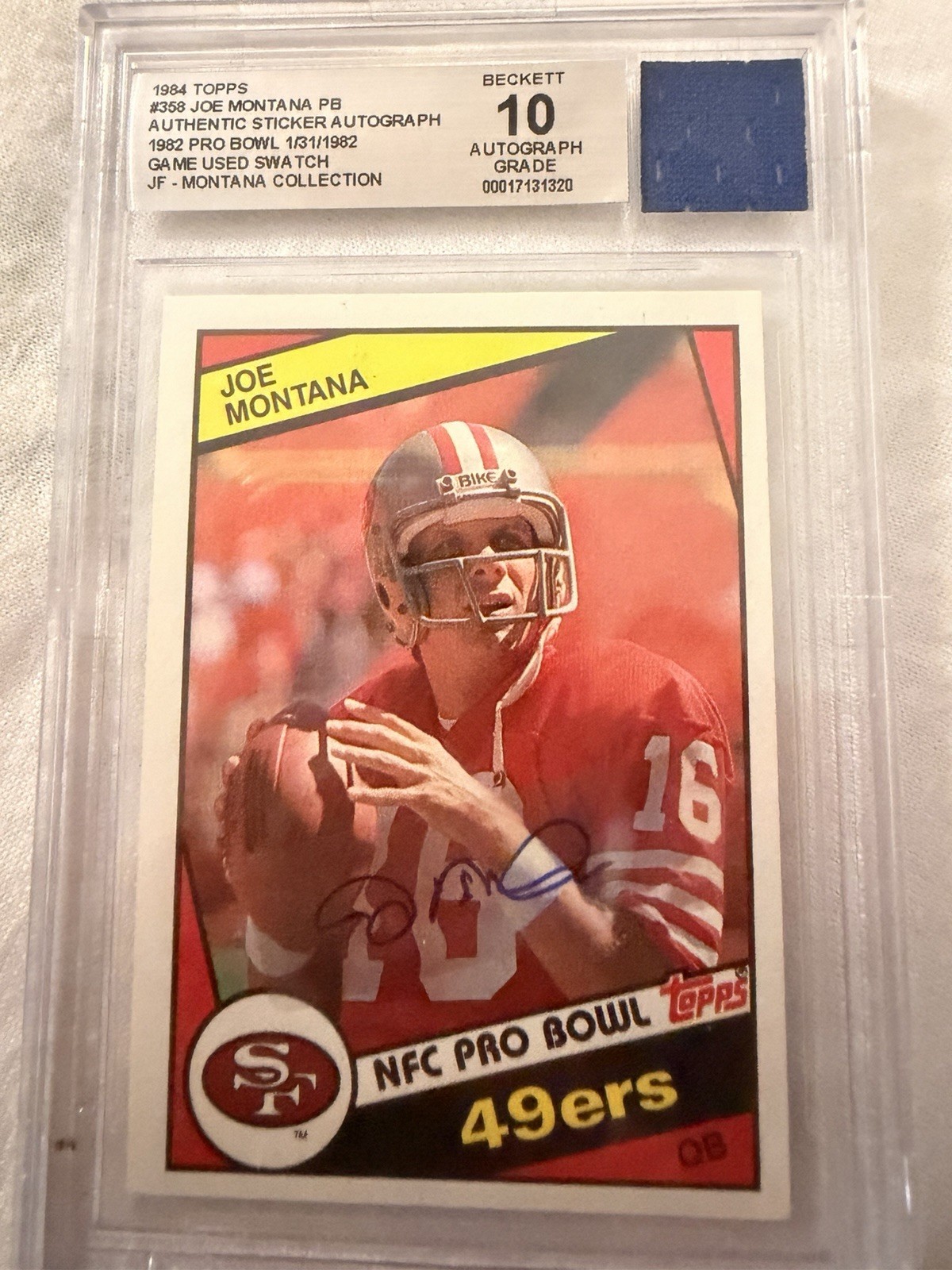 1984 Topps Joe Montana #358 Auto 10 Beckett 1982 Pro Bowl Game Used Swatch 49ers