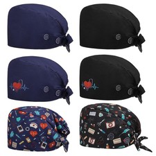 6 Pcs Women Scrub Caps Satin Lined Caps with Buttons Sweatband Set Part