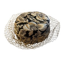 Vintage Cocktail Hat Gold Metallic Embroidery Floral Net Veil